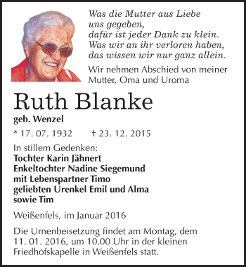 Traueranzeige von Ruth Blanke von Mitteldeutsche Zeitung Weißenfels