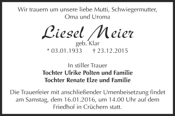 Traueranzeige von Liesel Meier von Super Sonntag Bernburg