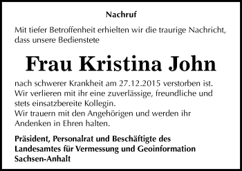 Traueranzeige von Kristina John von Mitteldeutsche Zeitung Merseburg/Querfurt