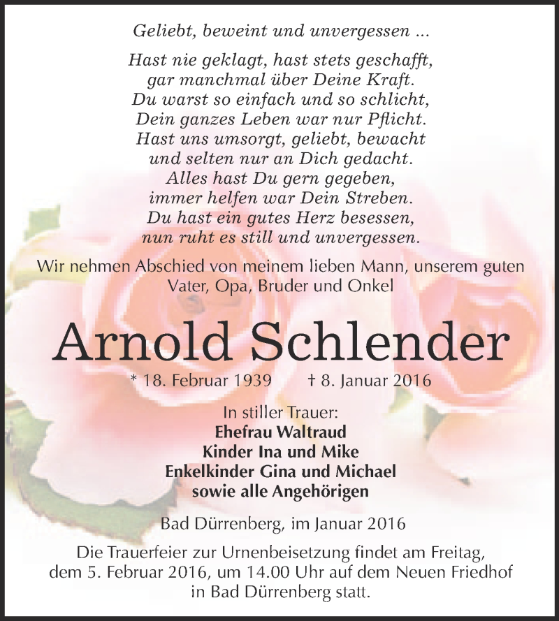  Traueranzeige für Arnold Schlender vom 16.01.2016 aus Super Sonntag Merseburg