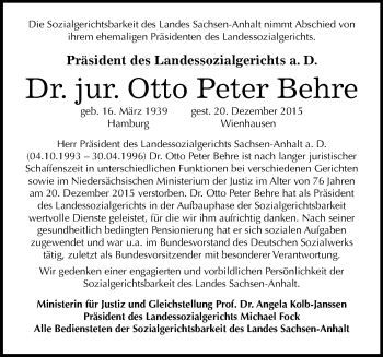 Traueranzeige von Otto Peter Behre von Mitteldeutsche Zeitung Halle/Saalkreis