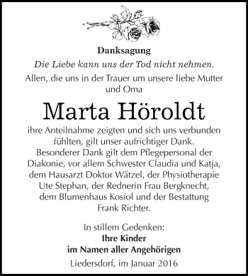 Traueranzeige von Marta Höroldt von Super Sonntag SGH Mansf. Land