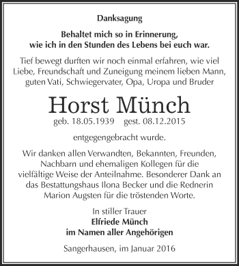 Traueranzeige von Horst Münch von Super Sonntag SGH Mansf. Land