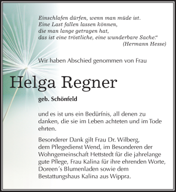 Traueranzeige von Helga Regner von Mitteldeutsche Zeitung Mansfelder Land