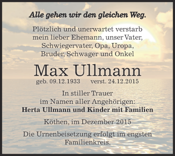 Traueranzeige von Max Ullmann von WVG - Wochenspiegel Dessau / Köthen