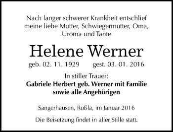 Traueranzeige von Helene Werner von Mitteldeutsche Zeitung Sangerhausen