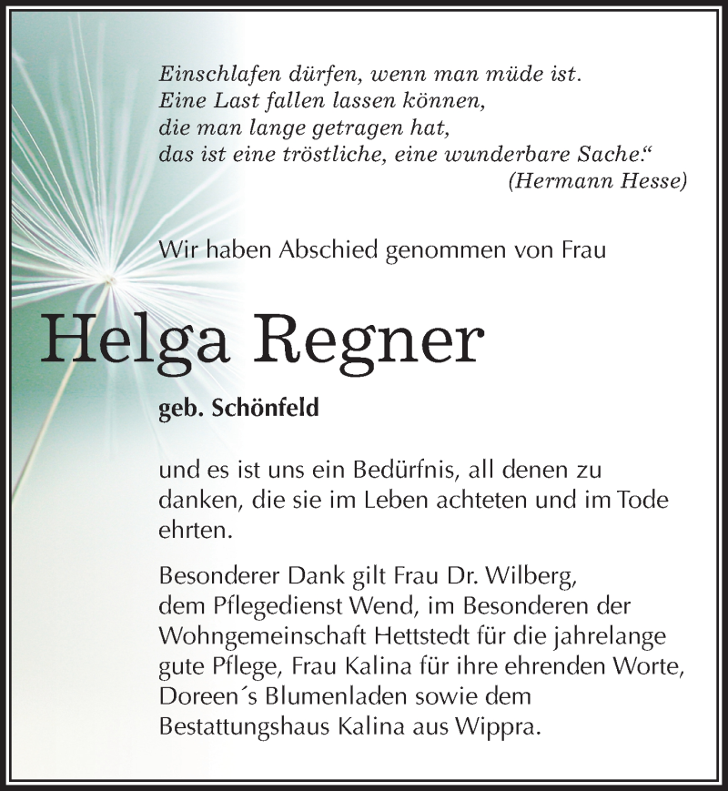  Traueranzeige für Helga Regner vom 16.01.2016 aus Mitteldeutsche Zeitung Mansfelder Land