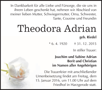 Traueranzeige von Theodora Adrian von WVG - Wochenspiegel Quedlinburg