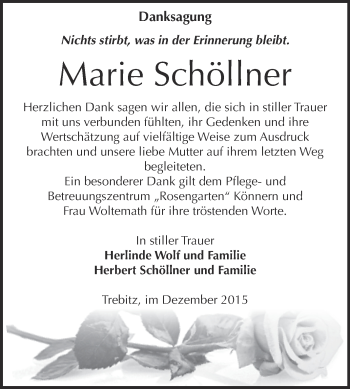 Traueranzeige von Marie Schöllner von Super Sonntag Bernburg