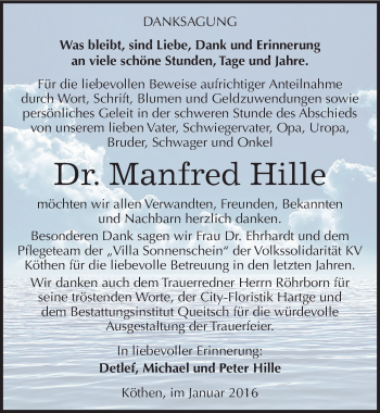 Traueranzeige von Manfred Hille von Mitteldeutsche Zeitung Köthen