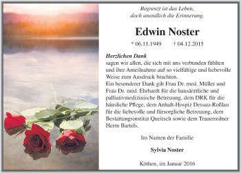 Traueranzeige von Edwin Noster von Mitteldeutsche Zeitung Köthen
