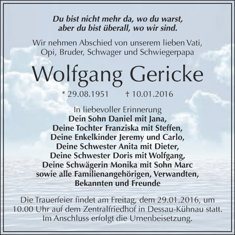  Traueranzeige für Wolfgang Gericke vom 16.01.2016 aus WVG - Wochenspiegel Dessau / Köthen