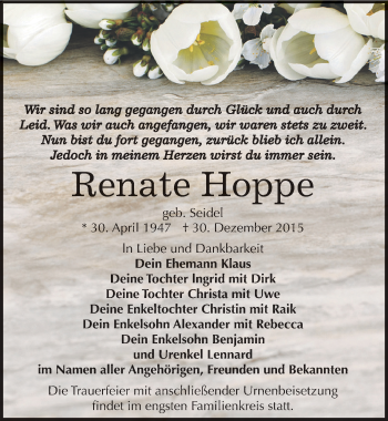 Traueranzeige von Renate Hoppe von Mitteldeutsche Zeitung Dessau-Roßlau