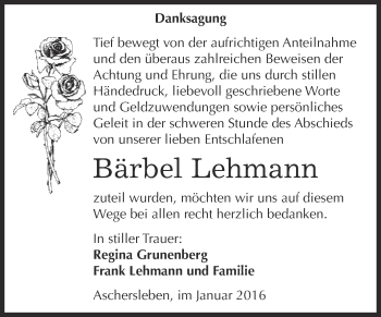 Traueranzeige von Bärbel Lehmann von Super Sonntag Aschersleben