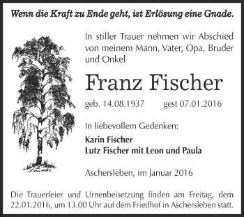 Traueranzeige von Franz Fischer von Super Sonntag Aschersleben