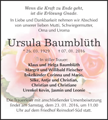 Traueranzeige von Ursula Baumblüth von WVG - Wochenspiegel Wittenberg