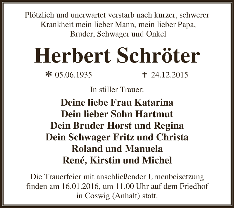  Traueranzeige für Herbert Schröter vom 02.01.2016 aus WVG - Wochenspiegel Dessau / Köthen