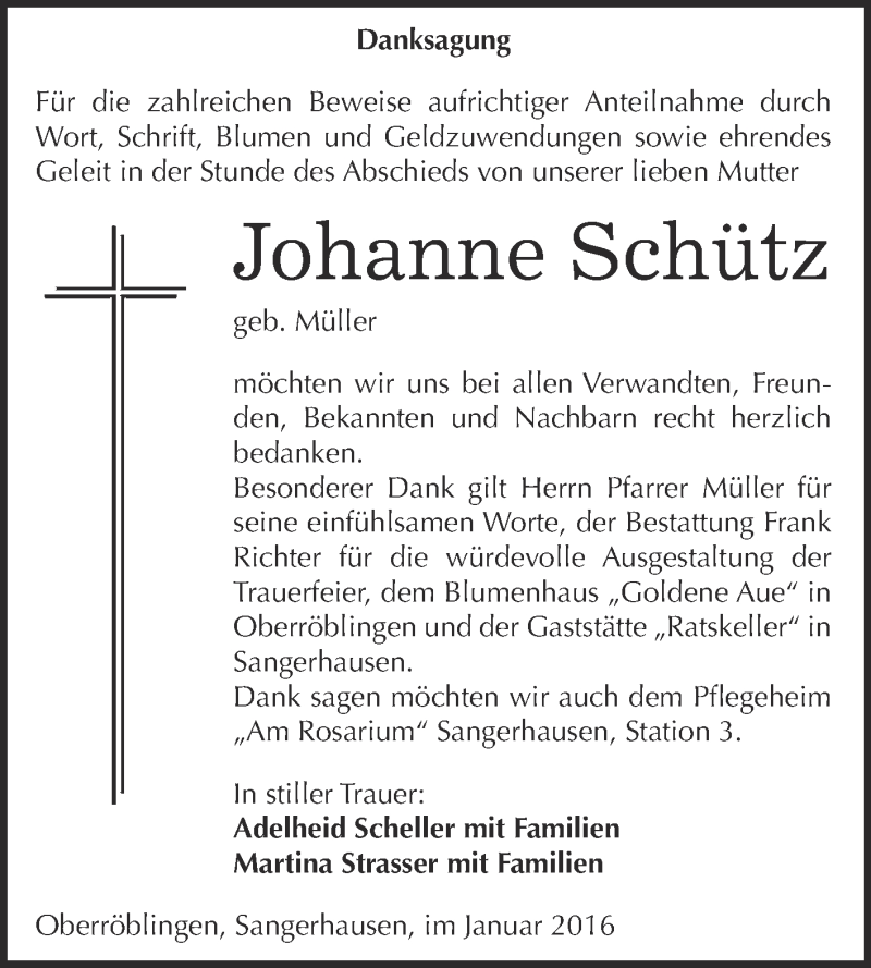  Traueranzeige für Johanne Schütz vom 16.01.2016 aus Super Sonntag SGH Mansf. Land