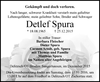 Traueranzeige von Detlef Spura von Mitteldeutsche Zeitung Sangerhausen