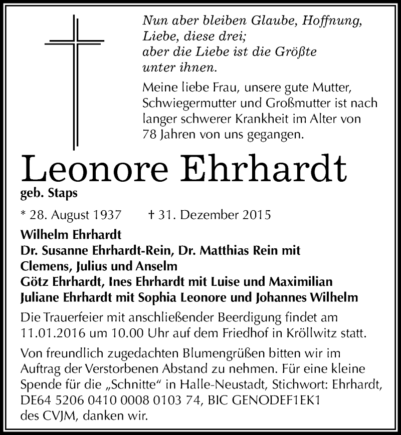  Traueranzeige für Leonore Ehrhardt vom 06.01.2016 aus Mitteldeutsche Zeitung Halle/Saalkreis