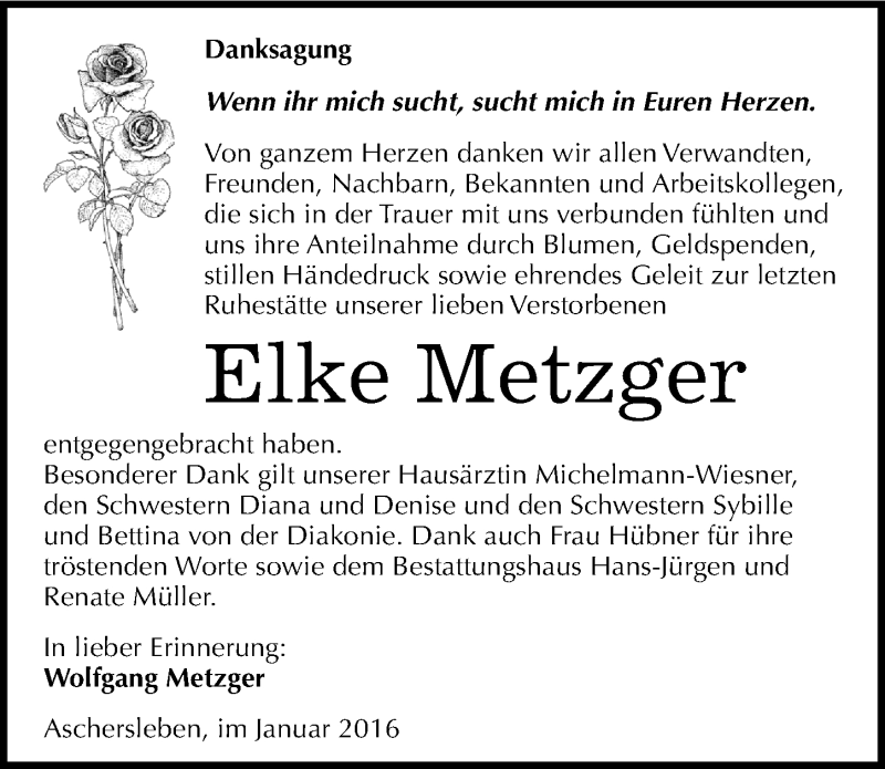  Traueranzeige für Elke Metzger vom 09.01.2016 aus Mitteldeutsche Zeitung Aschersleben