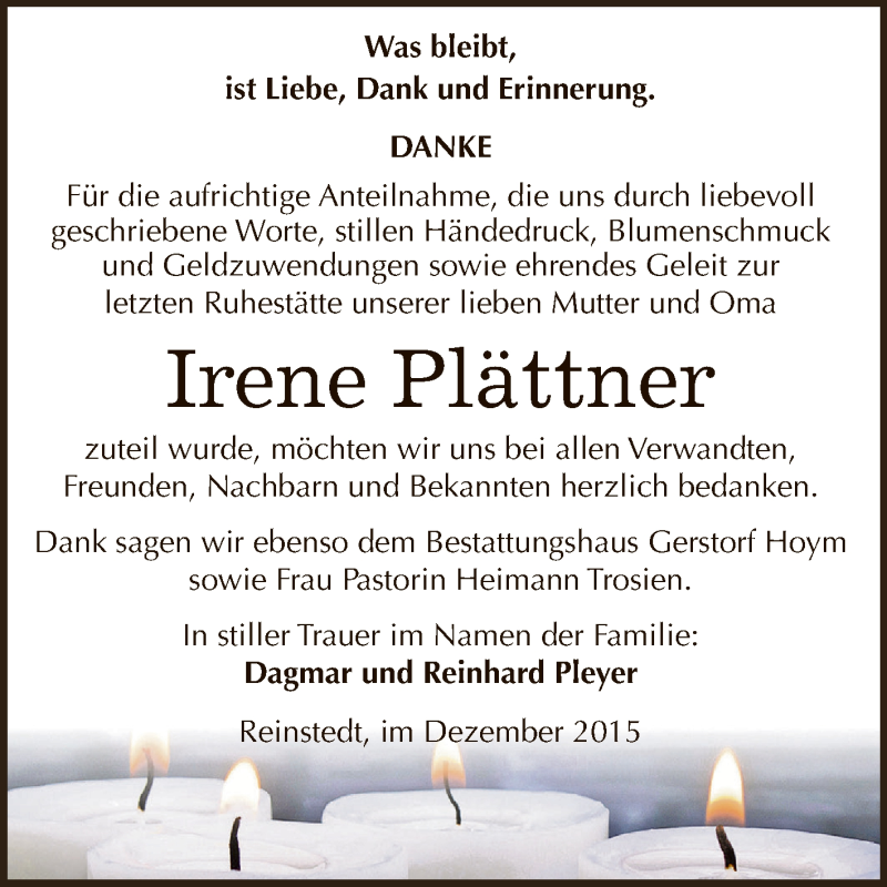  Traueranzeige für Irene Plättner vom 02.01.2016 aus Super Sonntag Aschersleben