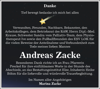 Traueranzeige von Andreas Zacke von WVG - Wochenspiegel Dessau / Köthen