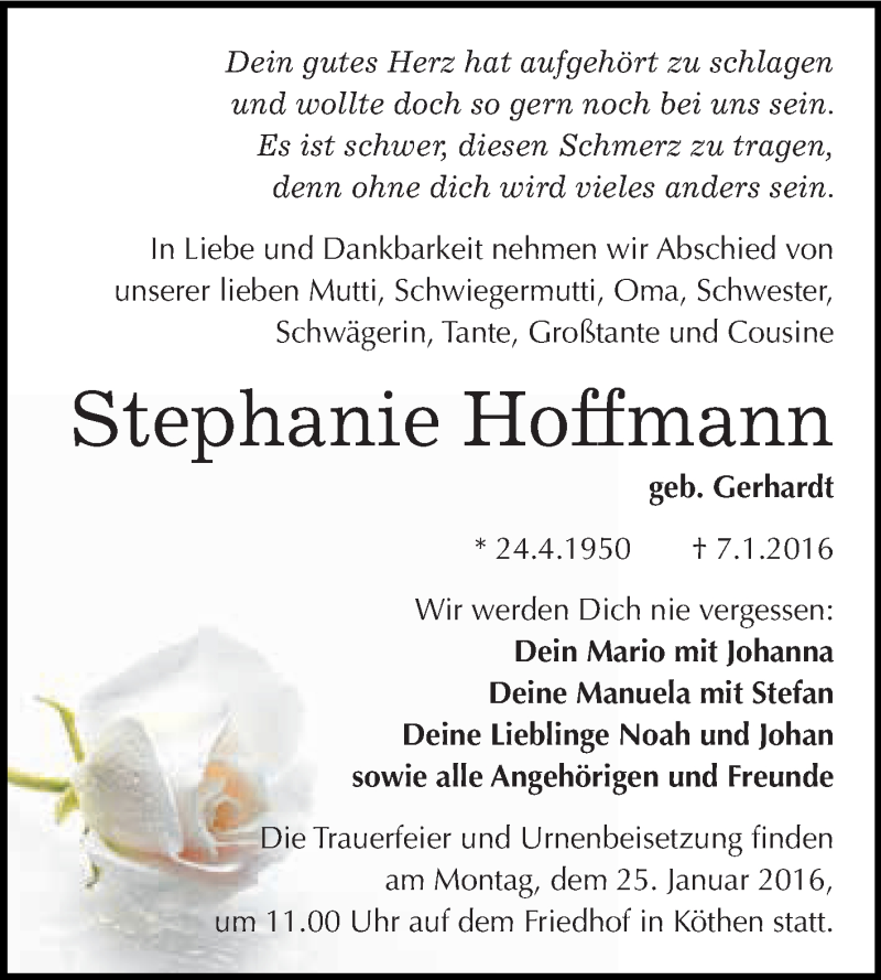  Traueranzeige für Stephanie Hoffmann vom 16.01.2016 aus WVG - Wochenspiegel Dessau / Köthen