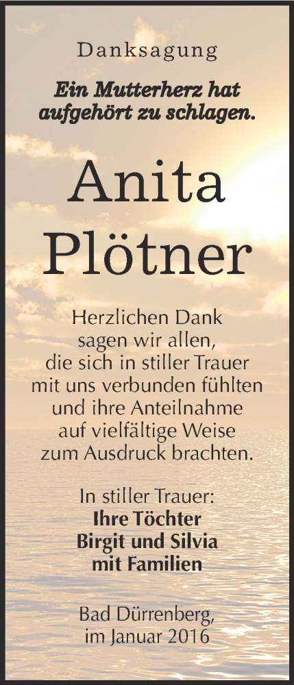  Traueranzeige für Anita Plötner vom 13.01.2016 aus Super Sonntag Merseburg