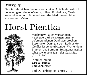 Traueranzeige von Horst Pientka von Mitteldeutsche Zeitung Merseburg/Querfurt
