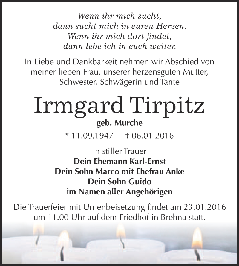  Traueranzeige für Irmgard Tirpitz vom 20.01.2016 aus WVG - Wochenspiegel Bitterfeld