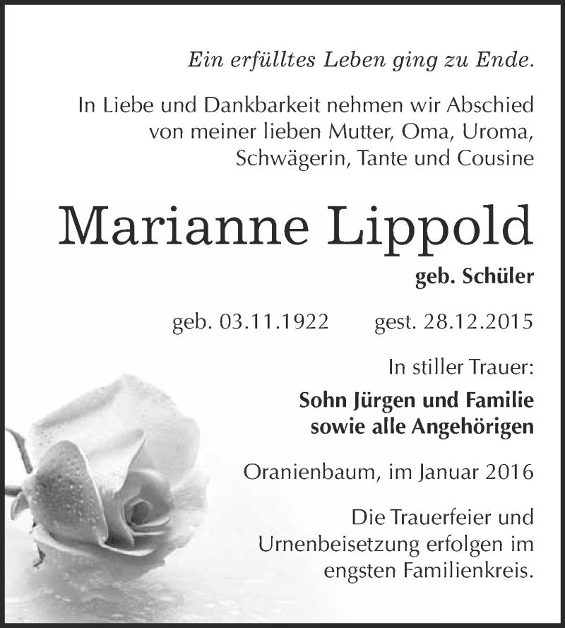  Traueranzeige für Marianne Lippold vom 09.01.2016 aus WVG - Wochenspiegel Wittenberg