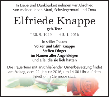 Traueranzeige von Elfriede Knappe von WVG - Wochenspiegel Quedlinburg