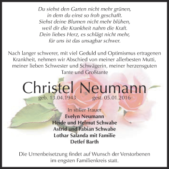 Traueranzeige von Christel Neumann von WVG - Wochenspiegel Dessau / Köthen