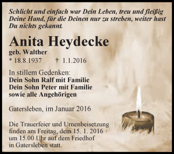 Traueranzeige von Anita Heydecke von Super Sonntag Aschersleben