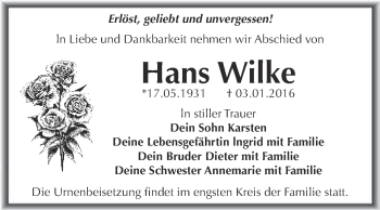 Traueranzeige von Hans Wilke von WVG - Wochenspiegel Dessau / Köthen