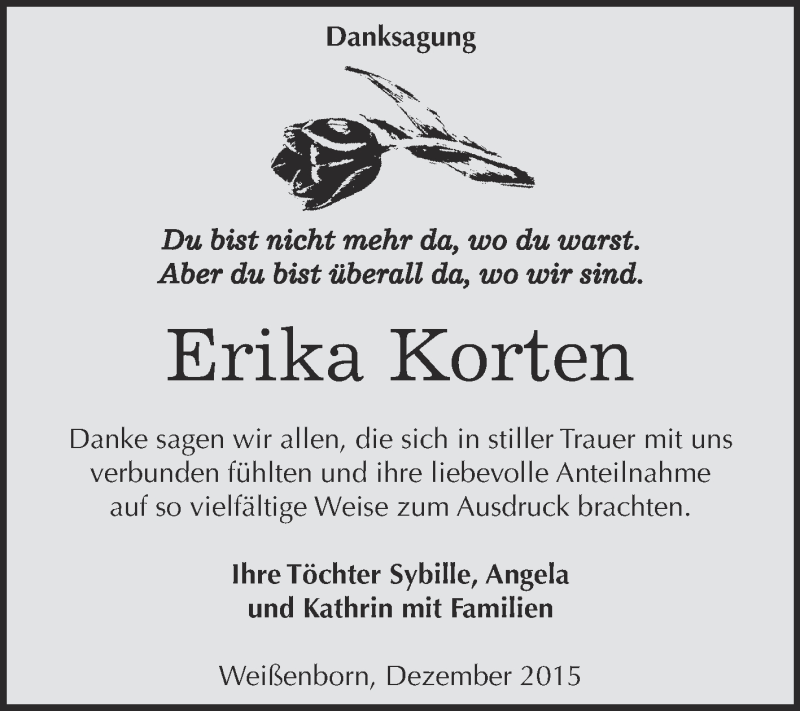  Traueranzeige für Erika Korten vom 16.01.2016 aus Super Sonntag Zeitz