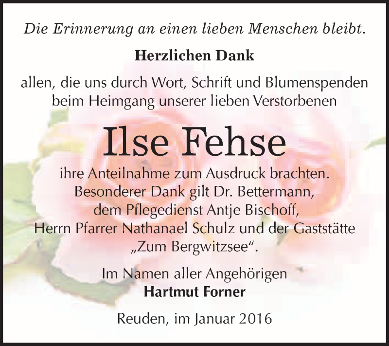  Traueranzeige für Ilse Fehse vom 16.01.2016 aus WVG - Wochenspiegel Wittenberg