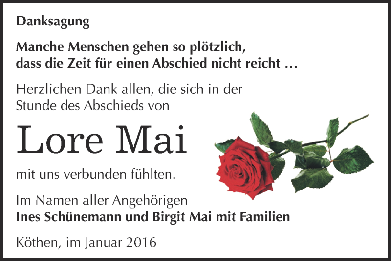  Traueranzeige für Lore Mai vom 09.01.2016 aus WVG - Wochenspiegel Dessau / Köthen