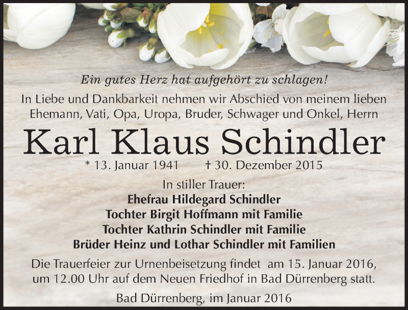  Traueranzeige für Karl Klaus Schindler vom 09.01.2016 aus Mitteldeutsche Zeitung Merseburg/Querfurt