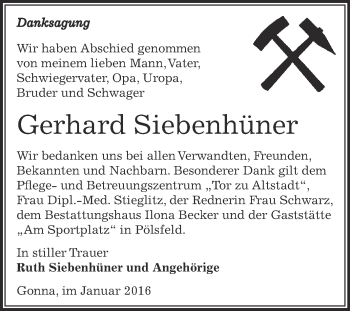 Traueranzeige von Gerhard Siebenhüner von Super Sonntag SGH Mansf. Land