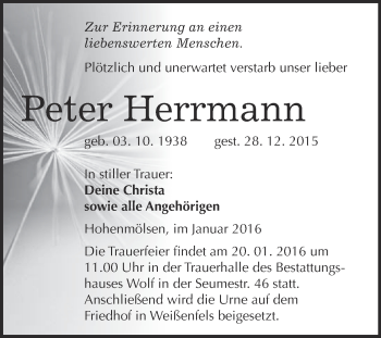 Traueranzeige von Peter Herrmann von WVG - Wochenspiegel NMB / WSF / ZTZ