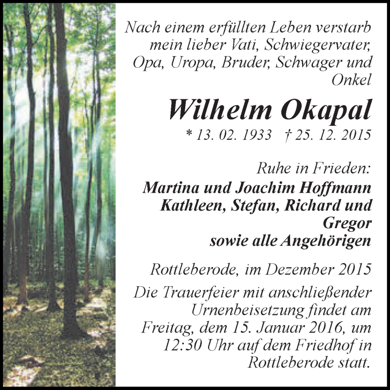  Traueranzeige für Wilhelm Okapal vom 09.01.2016 aus Super Sonntag SGH Mansf. Land