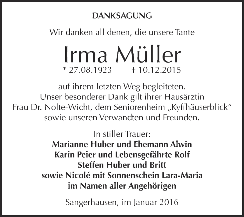  Traueranzeige für Irma Müller vom 20.01.2016 aus Super Sonntag SGH Mansf. Land