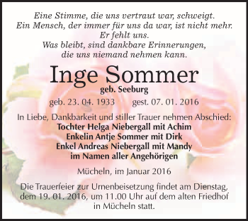 Traueranzeige von Inge Sommer von WVG - Wochenspiegel Merseburg