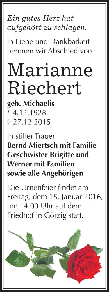  Traueranzeige für Marianne Riechert vom 02.01.2016 aus Mitteldeutsche Zeitung Köthen