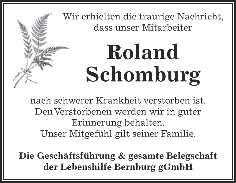  Traueranzeige für Roland Schomburg vom 16.01.2016 aus Super Sonntag Bernburg