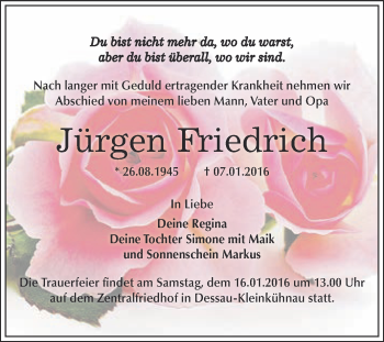Traueranzeige von Jürgen Friedrich von WVG - Wochenspiegel Dessau / Köthen