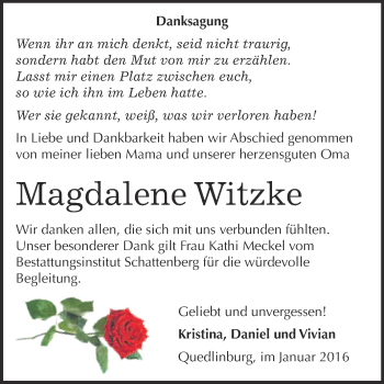 Traueranzeige von Magdalene Witzke von Super Sonntag Quedlinburg