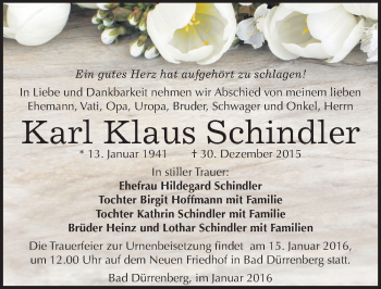 Traueranzeige von Karl Klaus Schindler von Mitteldeutsche Zeitung Merseburg/Querfurt